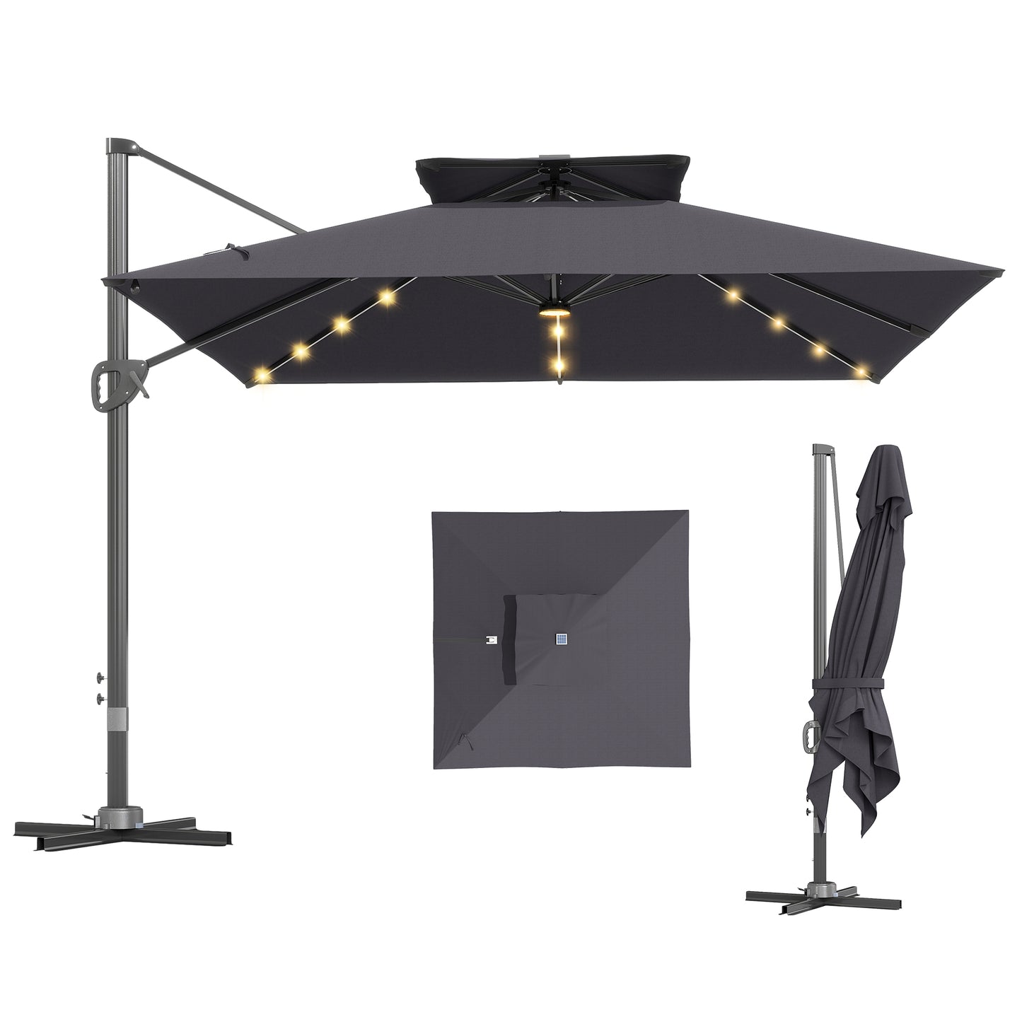 3.5m Aluminium Cantilever Parasol w/ LED Lights Crank Tilt UV50+ Grey