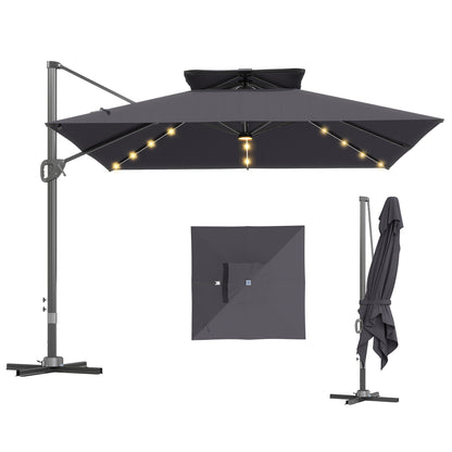 3.5m Aluminium Cantilever Parasol w/ LED Lights Crank Tilt UV50+ Grey