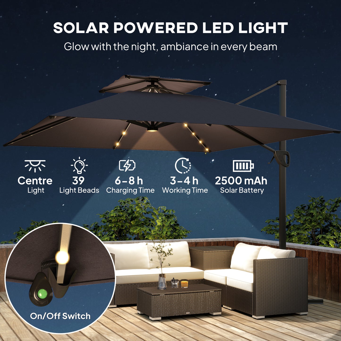 3.5m Aluminium Cantilever Parasol w/ LED Lights Crank Tilt UV50+ Grey