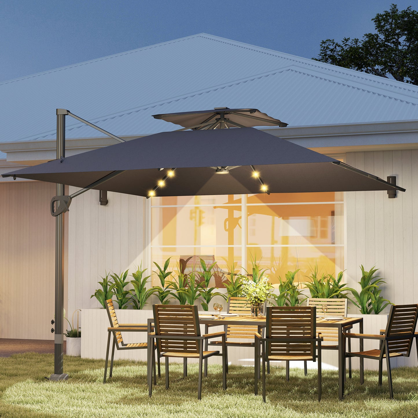 3.5m Aluminium Cantilever Parasol w/ LED Lights Crank Tilt UV50+ Grey