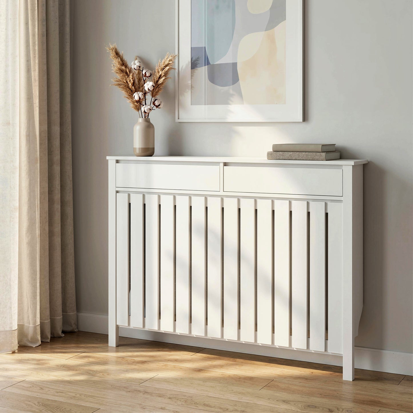 Large Radiator Cover with Drawers and Vertical Slats 119 x 19 x 93cm