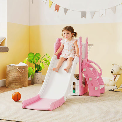 5 in 1 Toddler Slide Set with Basketball Hoop for Age 1-3, Pink
