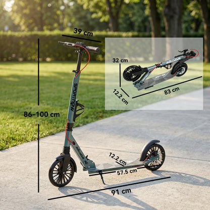 Foldable Kick Scooter with Height Adjustable Handlebar, One-click Folding Adult Scooters with 200 mm Big Wheels, Shock Absorption, ABEC-7 Bearings, Dual Brake System, Aluminium Frame, Silver Tone