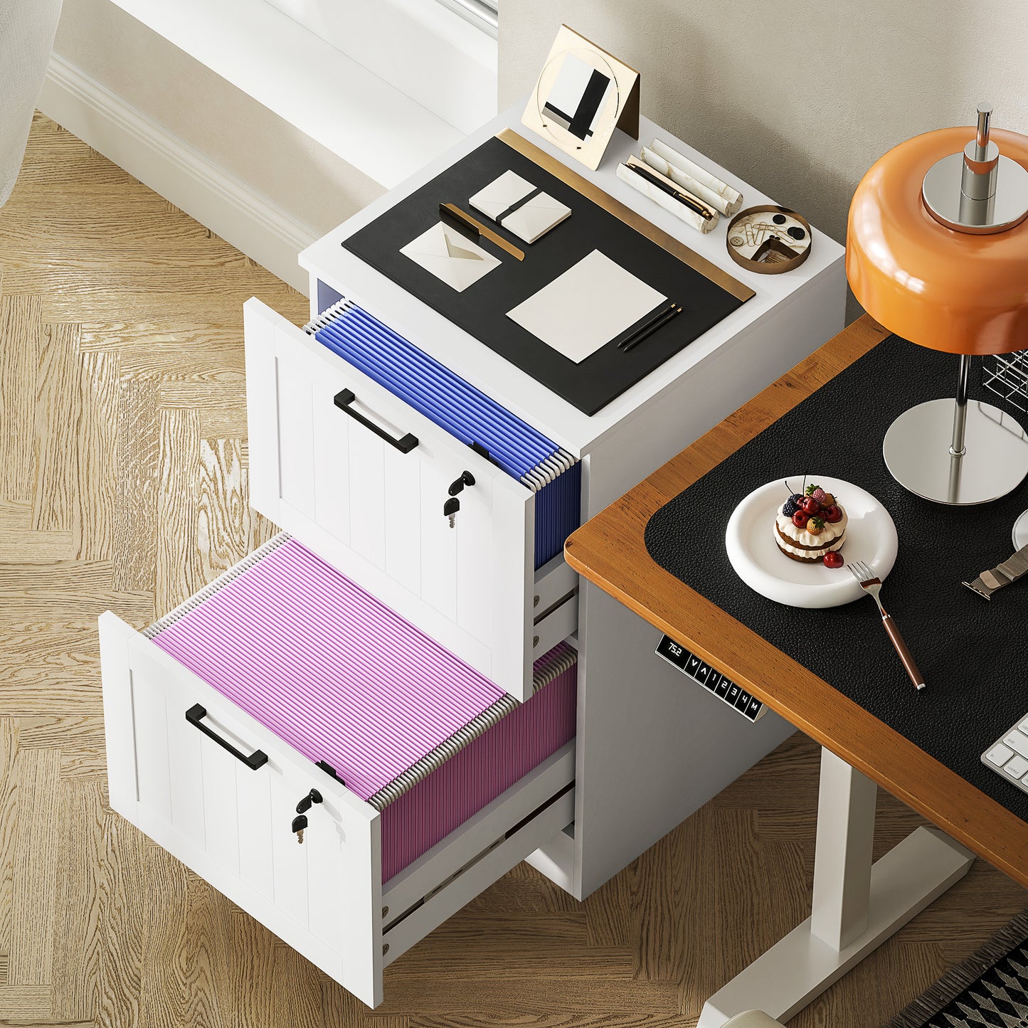 2 Drawer File Cabinet with Lock and Adjustable Hanging Bars, White