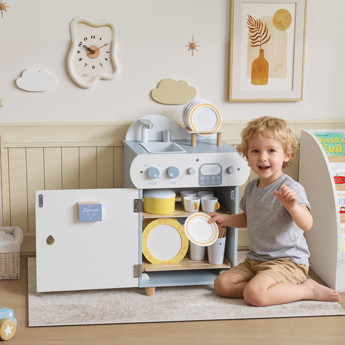 Wooden Dishwasher Playset, Kitchen Sink Toys with Accessories