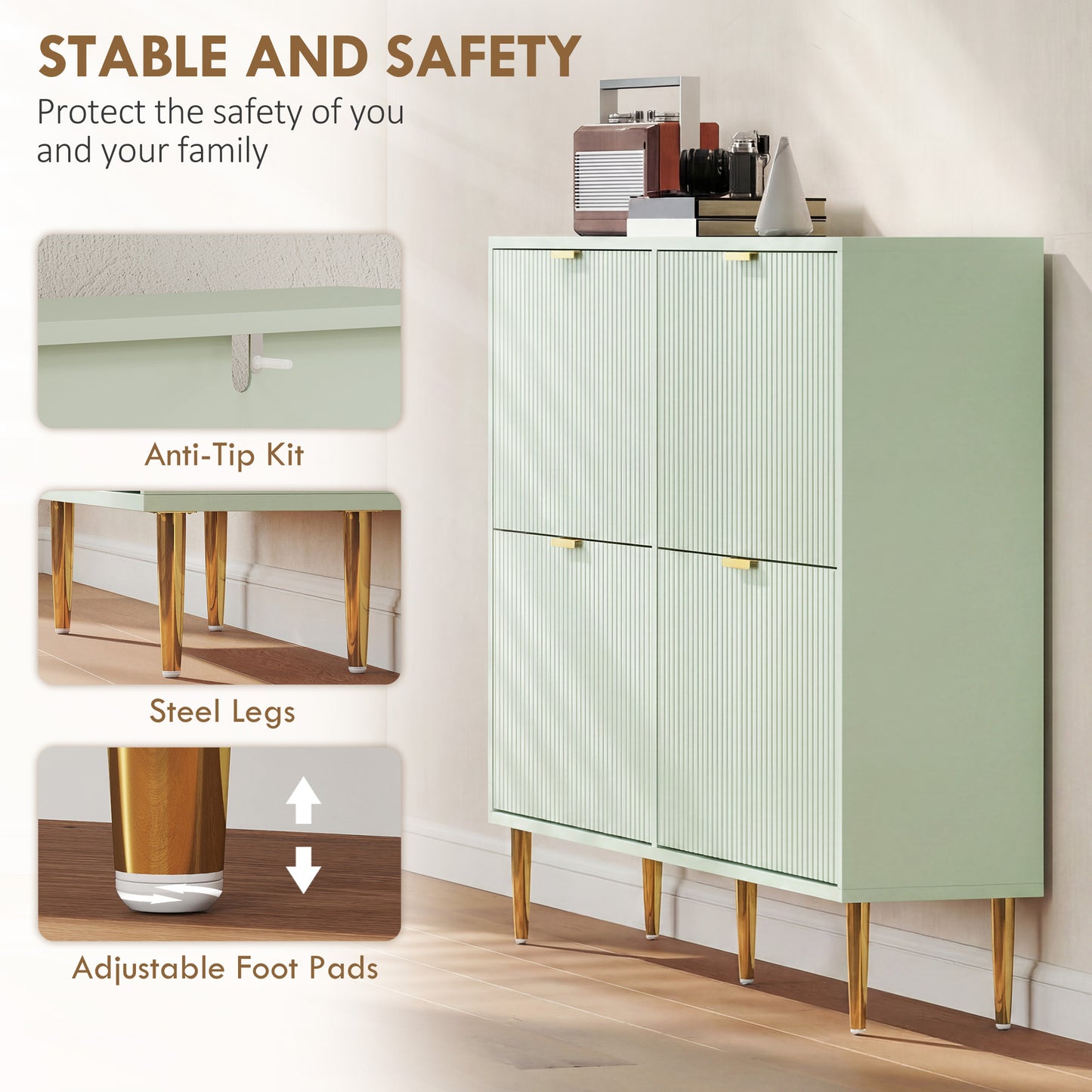 Narrow Shoe Cabinet with 4 Flip Drawers, Modern Slim Shoe Storage Cabinet with Fluted Doors and Adjustable Shelves for Hallway, Holds 10-20 Pairs, Light Green
