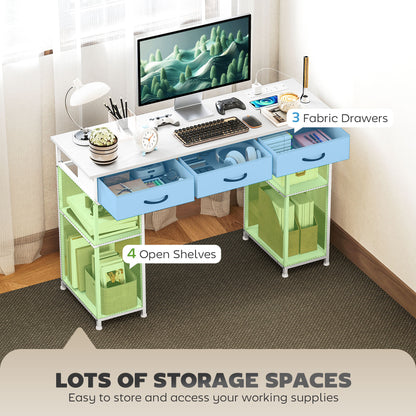 Computer Writing Desk with Power Outlets, Drawers, Shelves, White