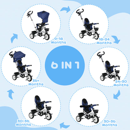 6 in 1 Trike for Toddler 1-5 Years with Parent Handle, Dark Blue