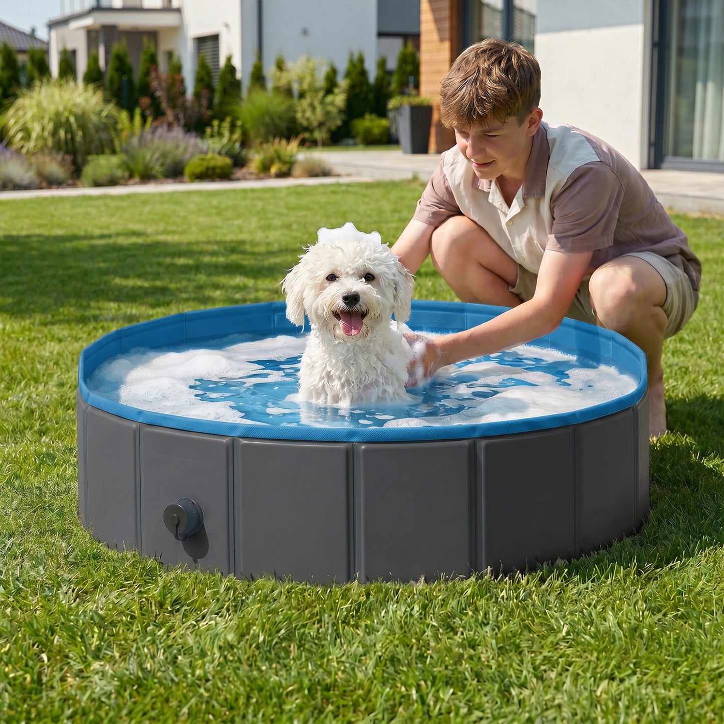 Foldable Dog Pool for Puppies and Ducks, Thickened PVC Dog Paddling Pool Bath Tub Hard Board, Anti-Slip Bottom and Hose Adapter for Easy Drainage, 80 x 20cm, Blue and Dark Grey