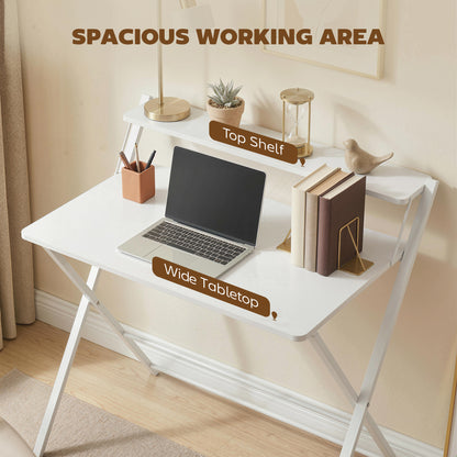 Folding Desk with 2-Tier Shelf for Home Office, White