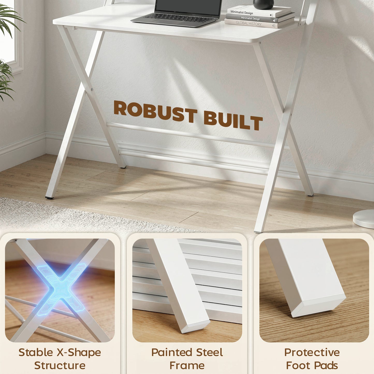 Folding Desk with 2-Tier Shelf for Home Office, White