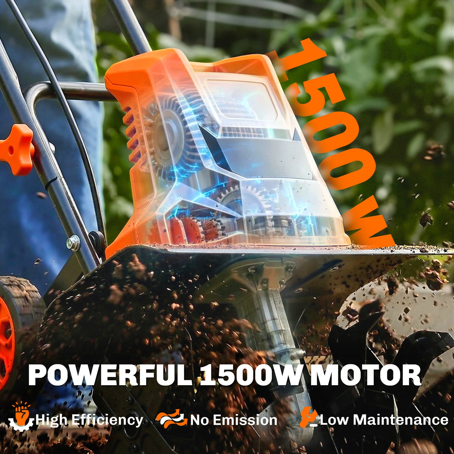 1500W Electric Tiller with 40cm Working Width, 20cm Tilling Depth