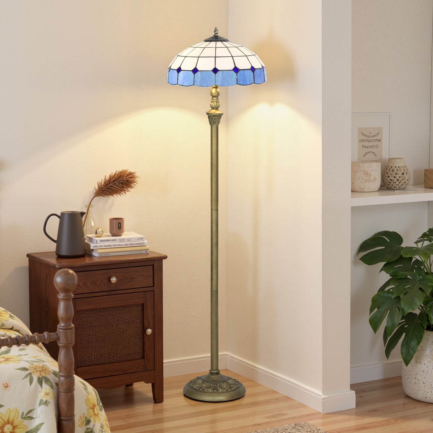 Floor Lamp with Handcrafted Stained Glass Shade, Vintage Standing Lamp, Blue
