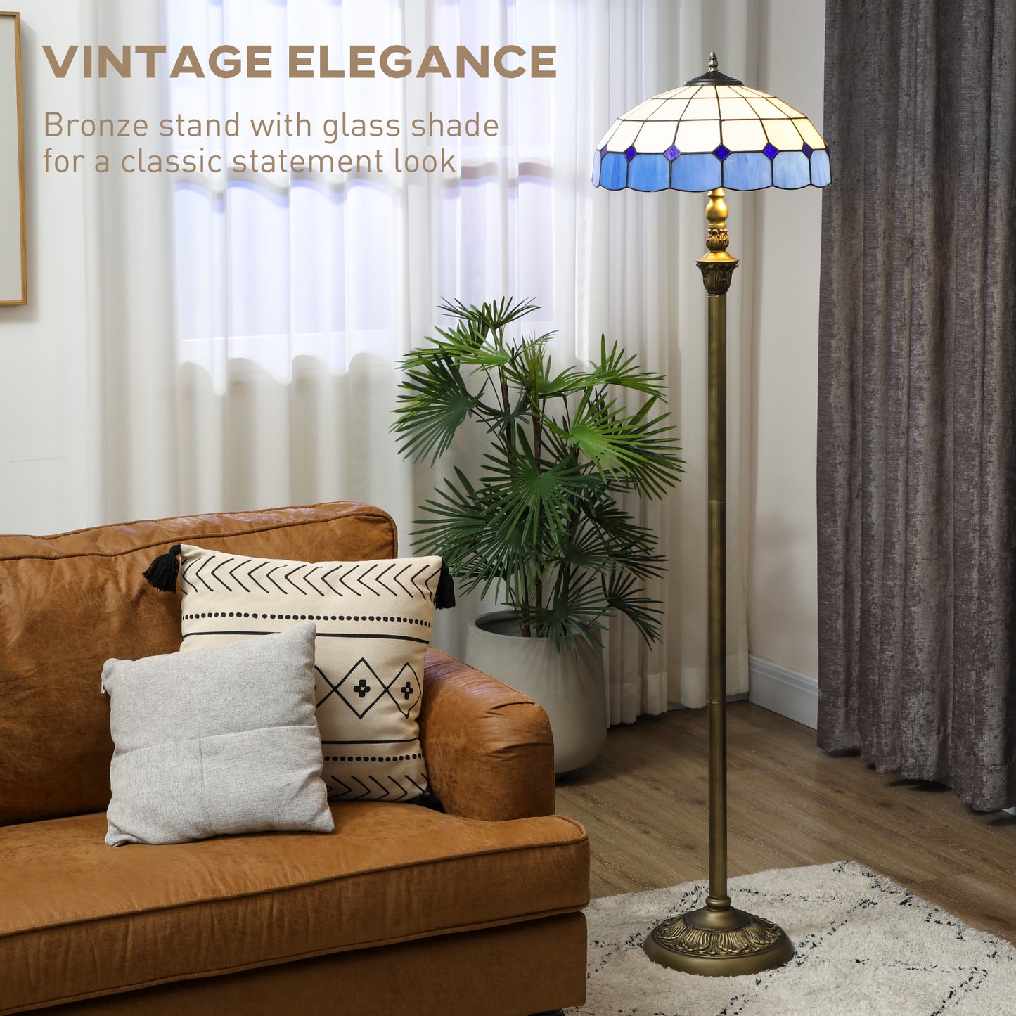 Floor Lamp with Handcrafted Stained Glass Shade, Vintage Standing Lamp, Blue