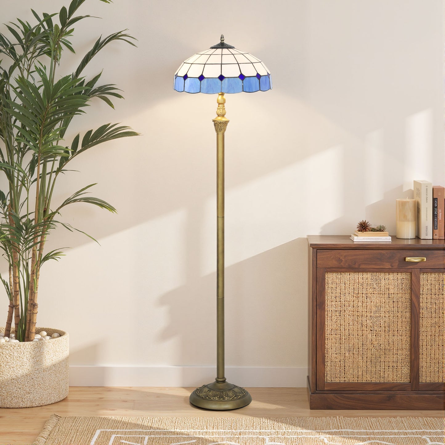 Floor Lamp with Handcrafted Stained Glass Shade, Vintage Standing Lamp, Blue