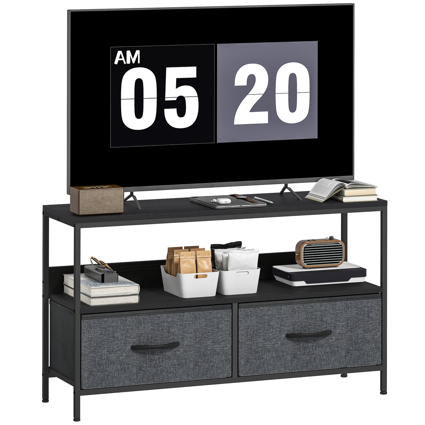 TV Cabinet, TV Console Unit with 2 Foldable Linen Drawers Black