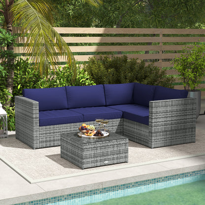 3Pcs Rattan Corner Sofa Set with Coffee Table, Cushion, Blue