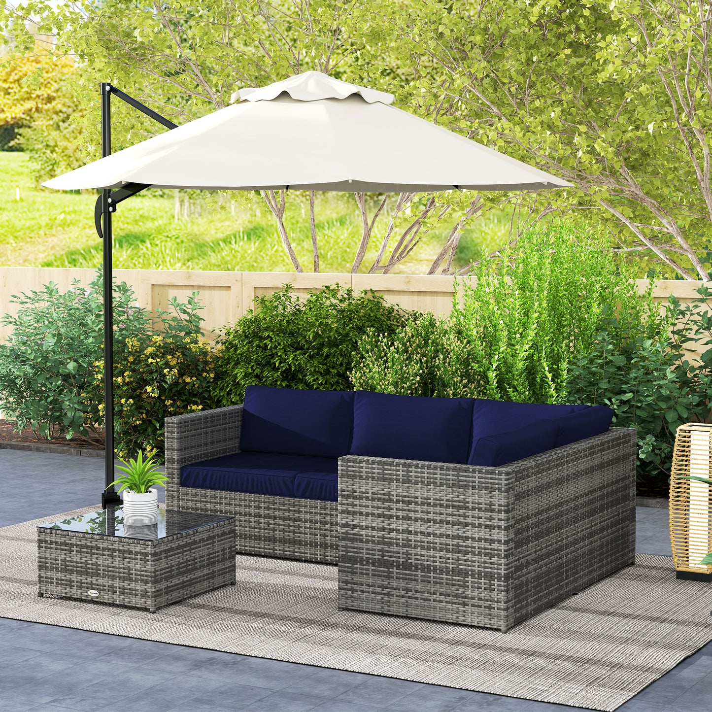 3Pcs Rattan Corner Sofa Set with Coffee Table, Cushion, Blue