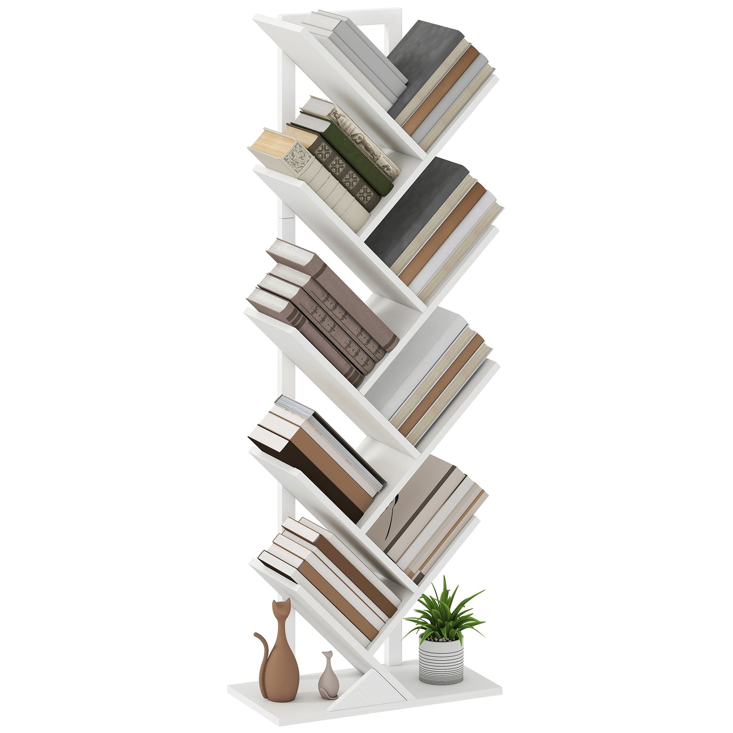 9-Tier Tree Bookshelf with Steel Frame for Living Room, White