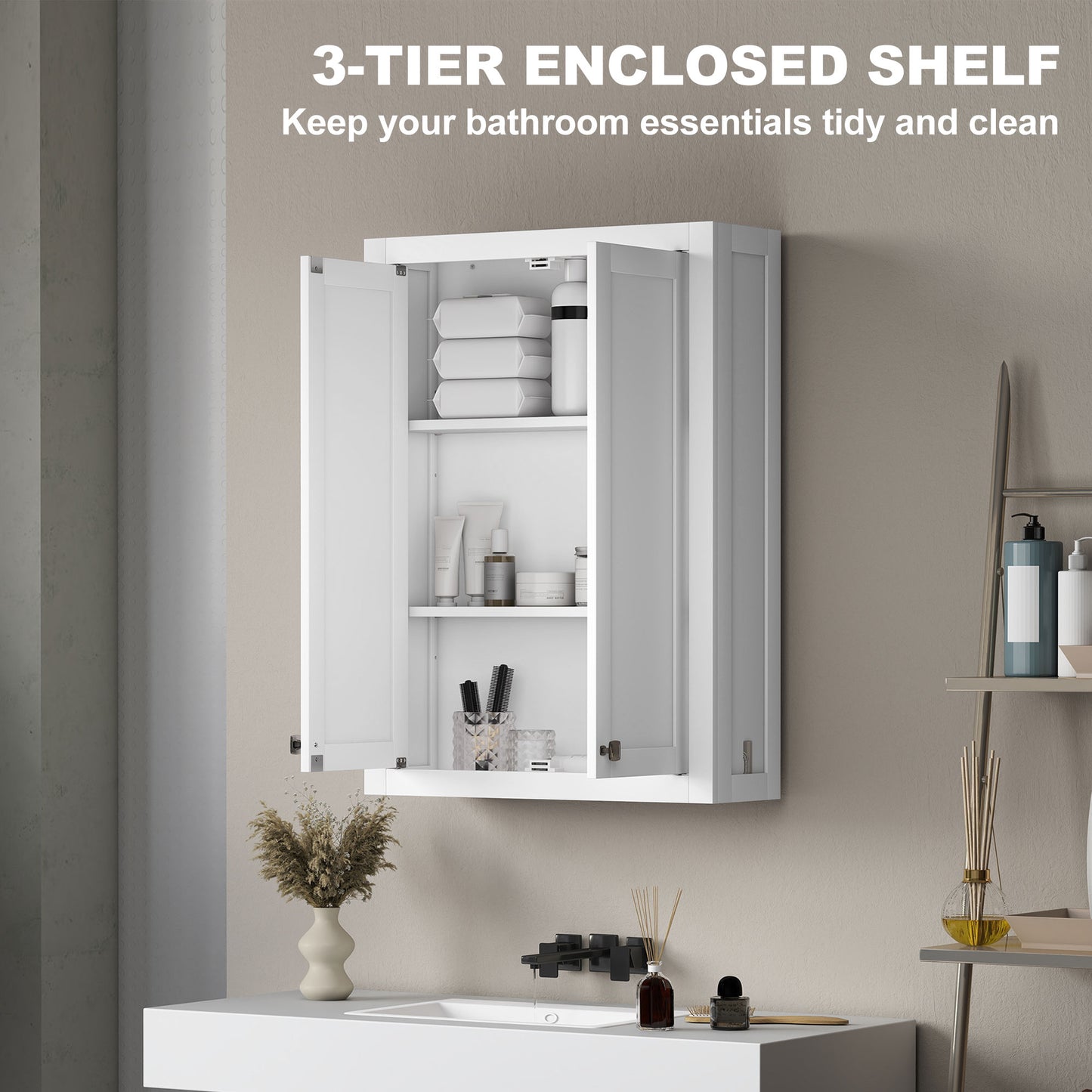 Wall Mounted Storage with Adjustable Shelves, Bathroom Wall Cabinet