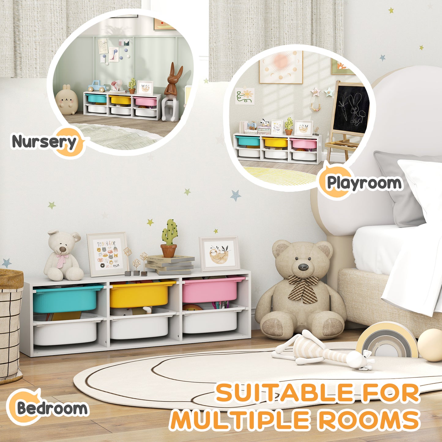 2 Tiers Toy Storage Organiser with 6 Plastic Bins, Low Height