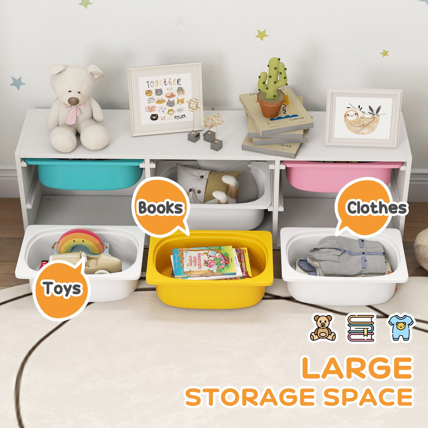 2 Tiers Toy Storage Organiser with 6 Plastic Bins, Low Height