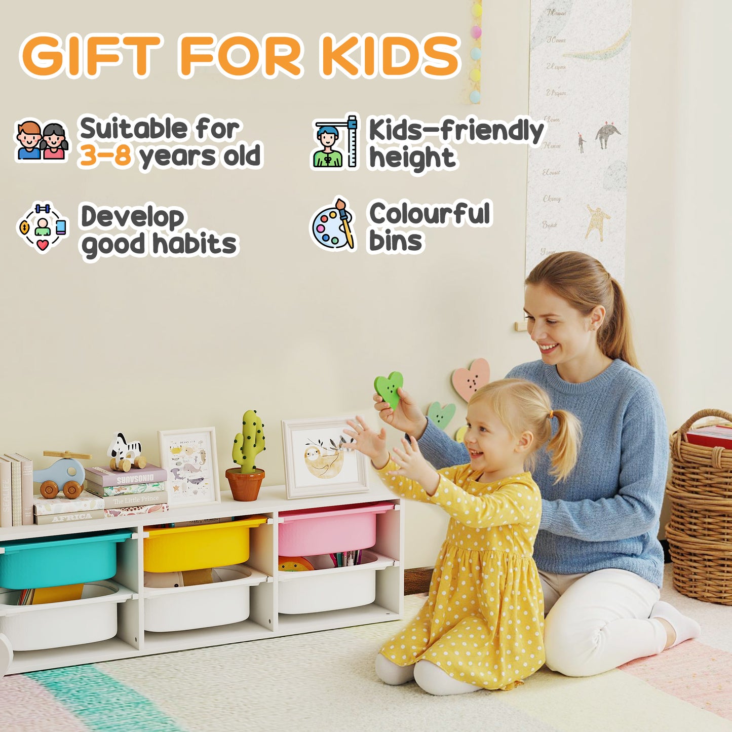 2 Tiers Toy Storage Organiser with 6 Plastic Bins, Low Height