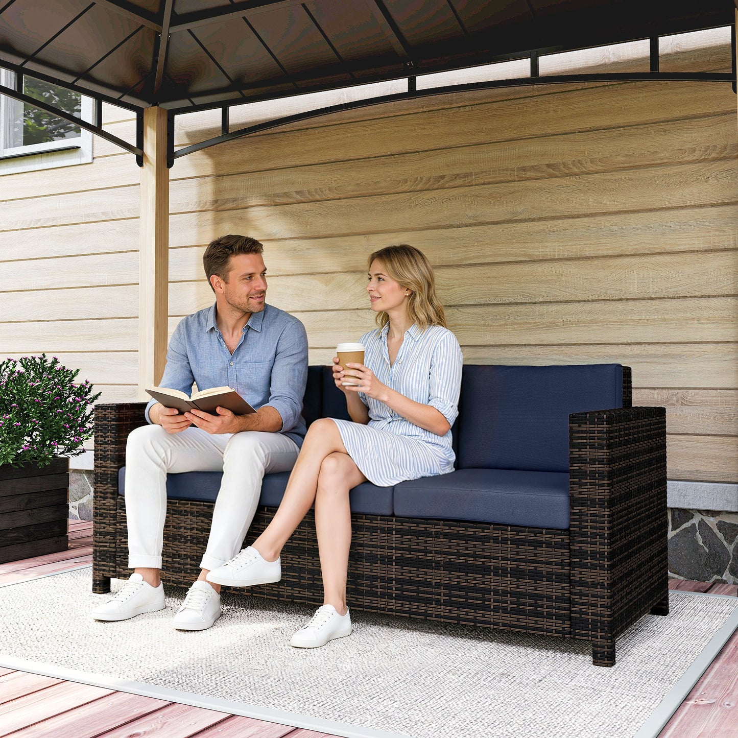 Rattan Wicker 3-seater Sofa Chair Patio Furniture, Dark Blue