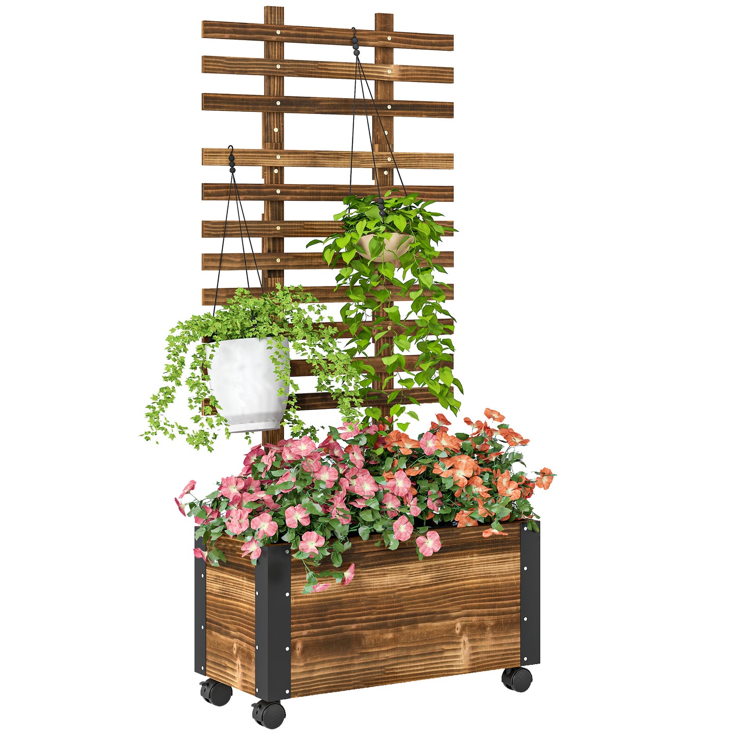 Raised Garden Bed, Wooden Planter with Trellis and Wheels