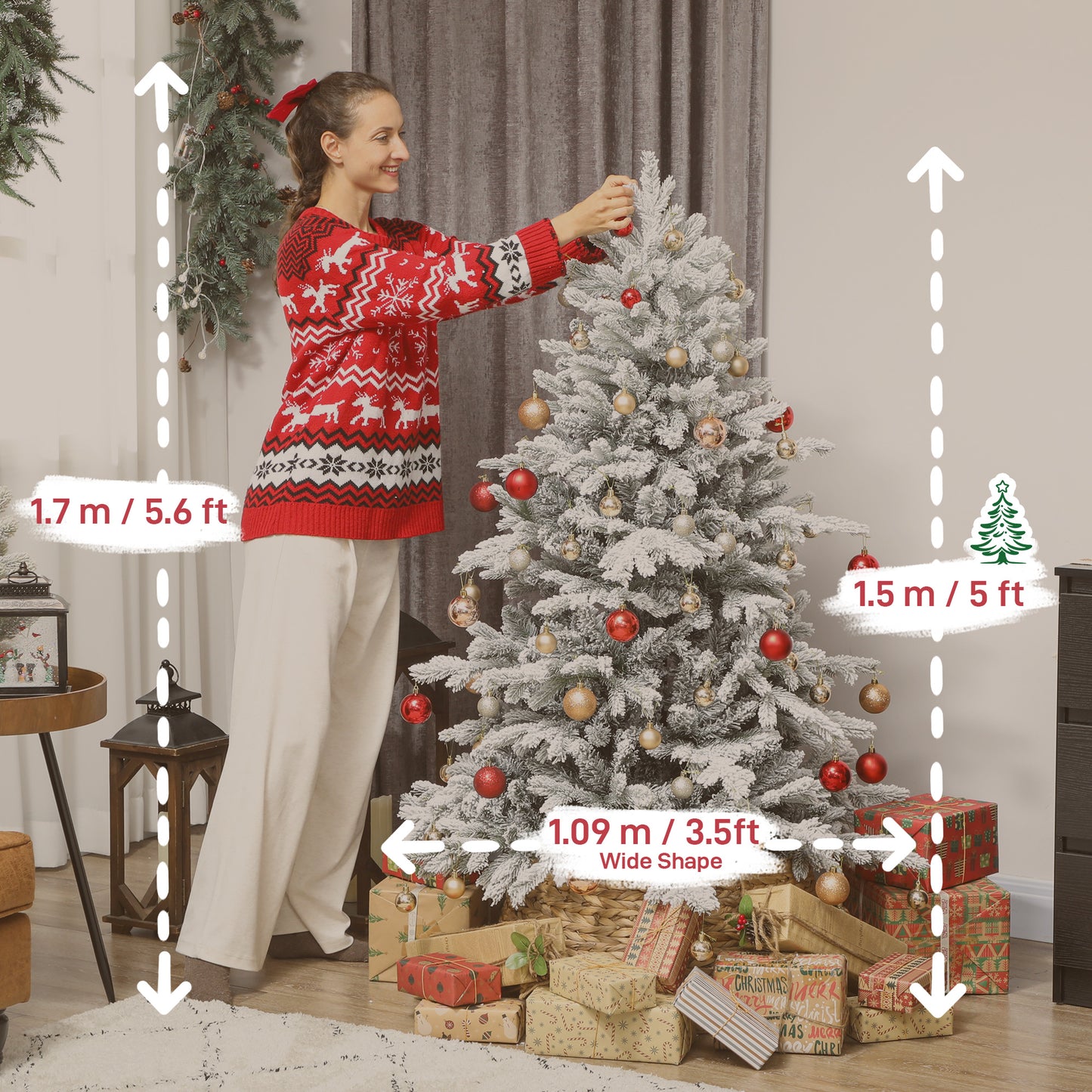5ft Artificial Christmas Tree with Snow, Hinged Xmas Tree
