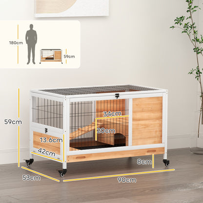 Wood Indoor Rabbit Hutch 2-Floor Design w/ Wheels, Yellow