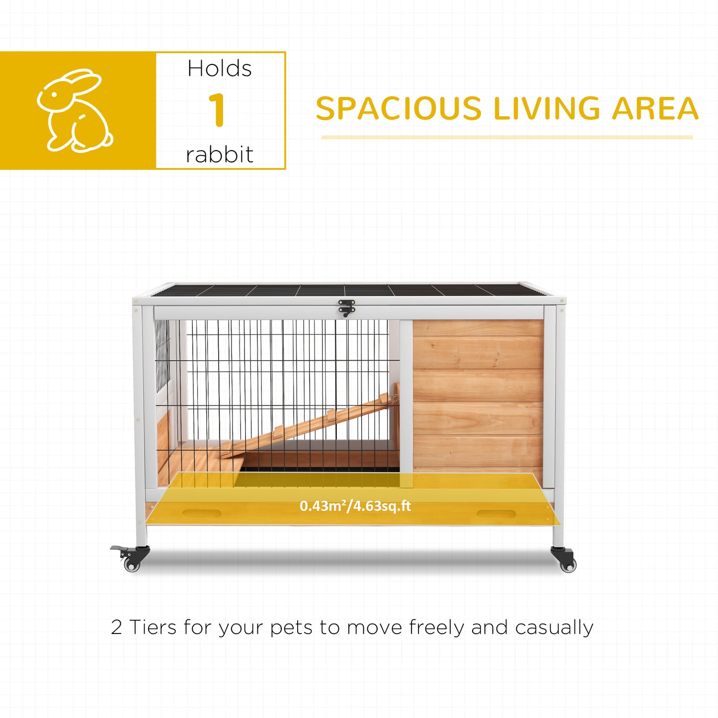 Wood Indoor Rabbit Hutch 2-Floor Design w/ Wheels, Yellow