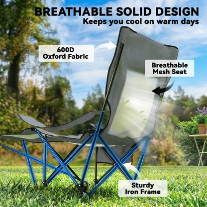 Set of 2 Reclining Folding Camping Chair, Portable Camp Chair with Adjustable Backrest, Footrest, Storage Pocket, Cup Holder and Headrest, for Camping, Beach, Picnic, Grey