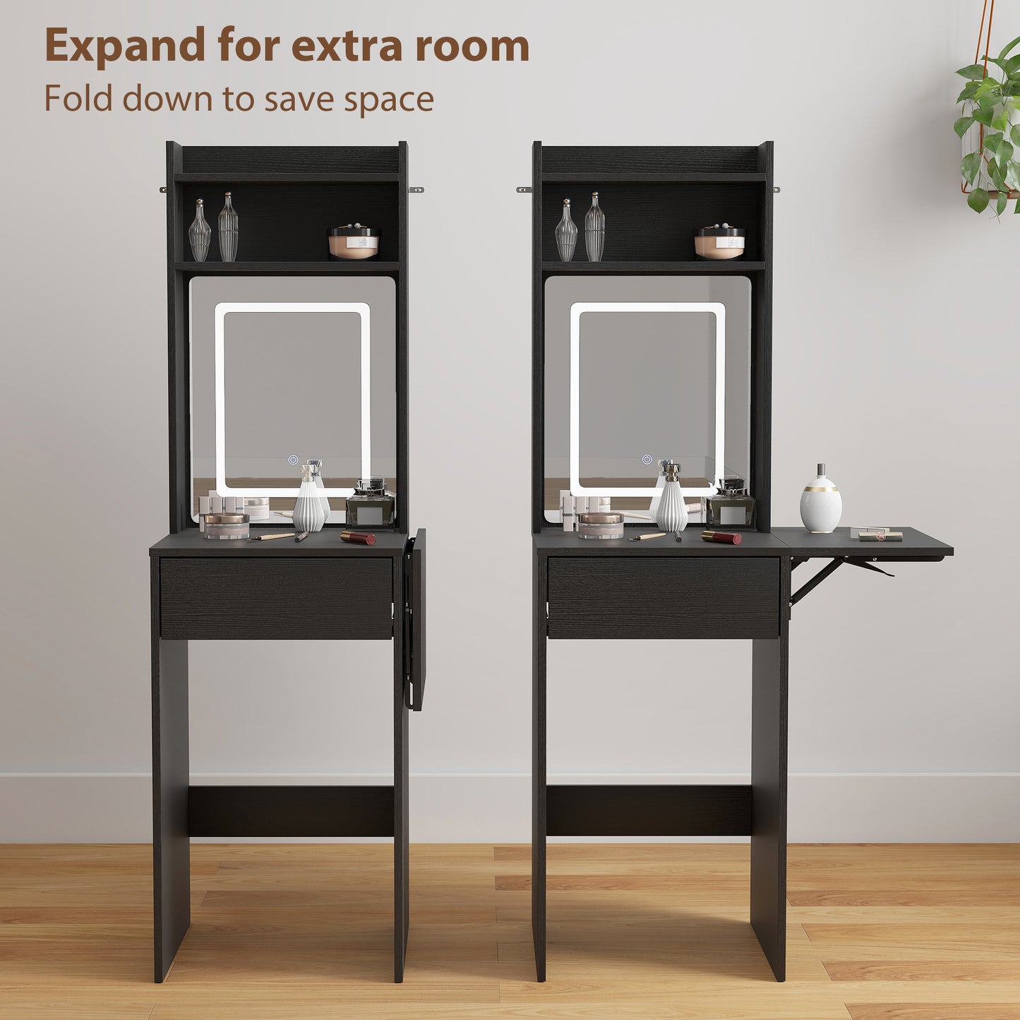 Compact Dressing Table with Lighted Mirror Open Shelves Drawer Black