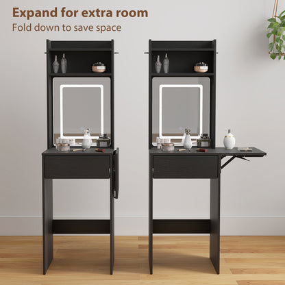Compact Dressing Table with Lighted Mirror Open Shelves Drawer Black