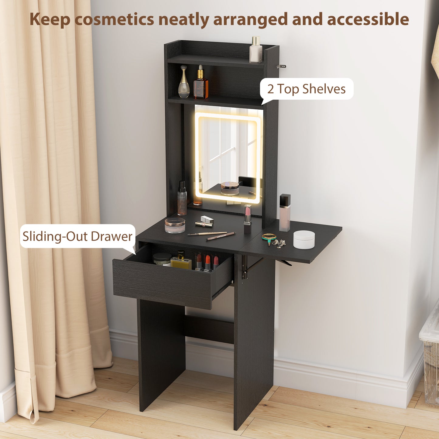 Compact Dressing Table with Lighted Mirror Open Shelves Drawer Black