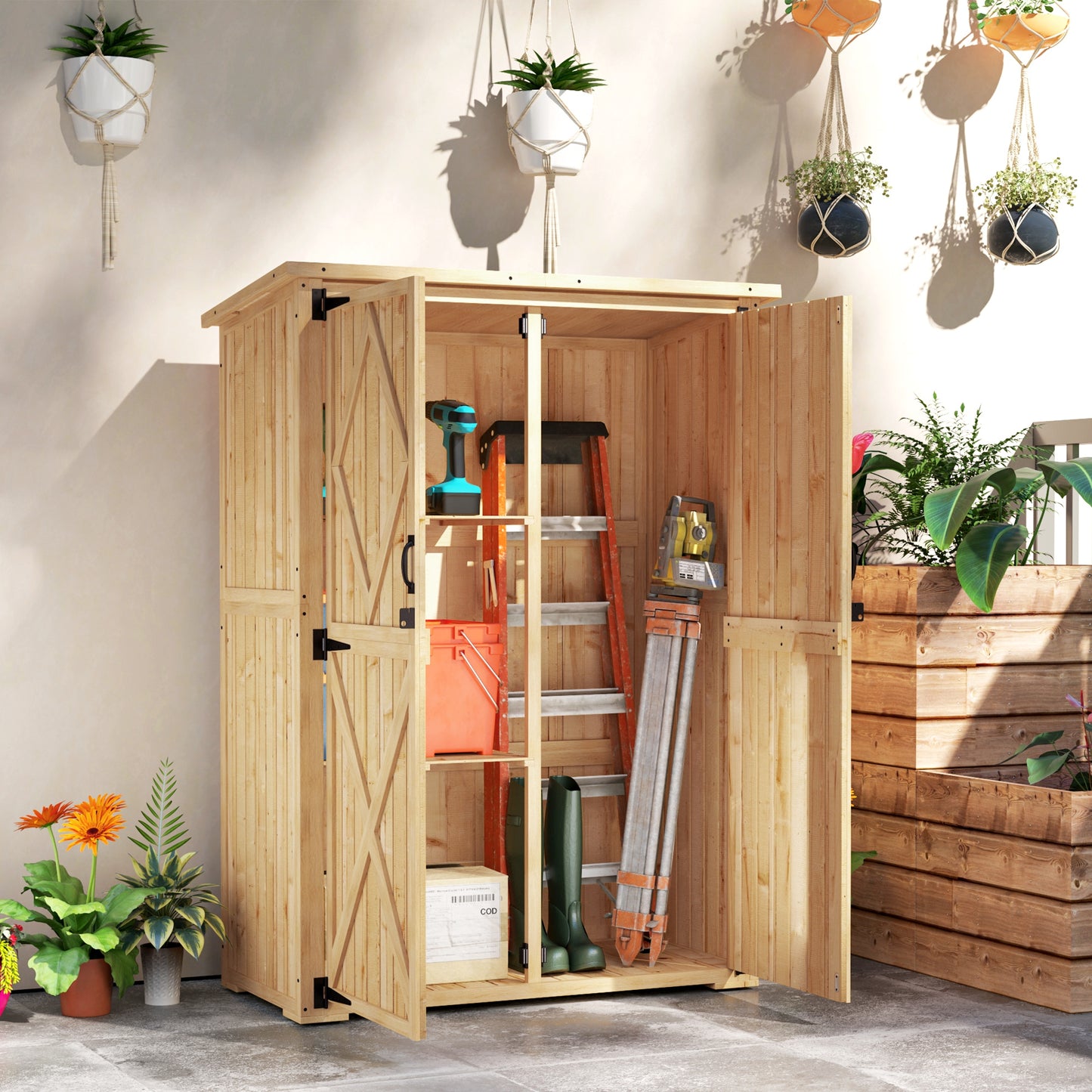 Wooden Garden Storage Shed, Tool Storage Cabinet with Asphalt Roof and 2 Shelves for Garden Tools, Equipment, Outdoor Tool Shed with Double Doors, Natural