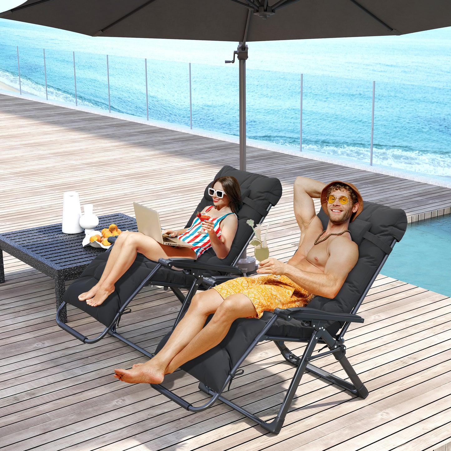 2 PCS Reclining Zero Gravity Chair Folding Lounger Cushion Black
