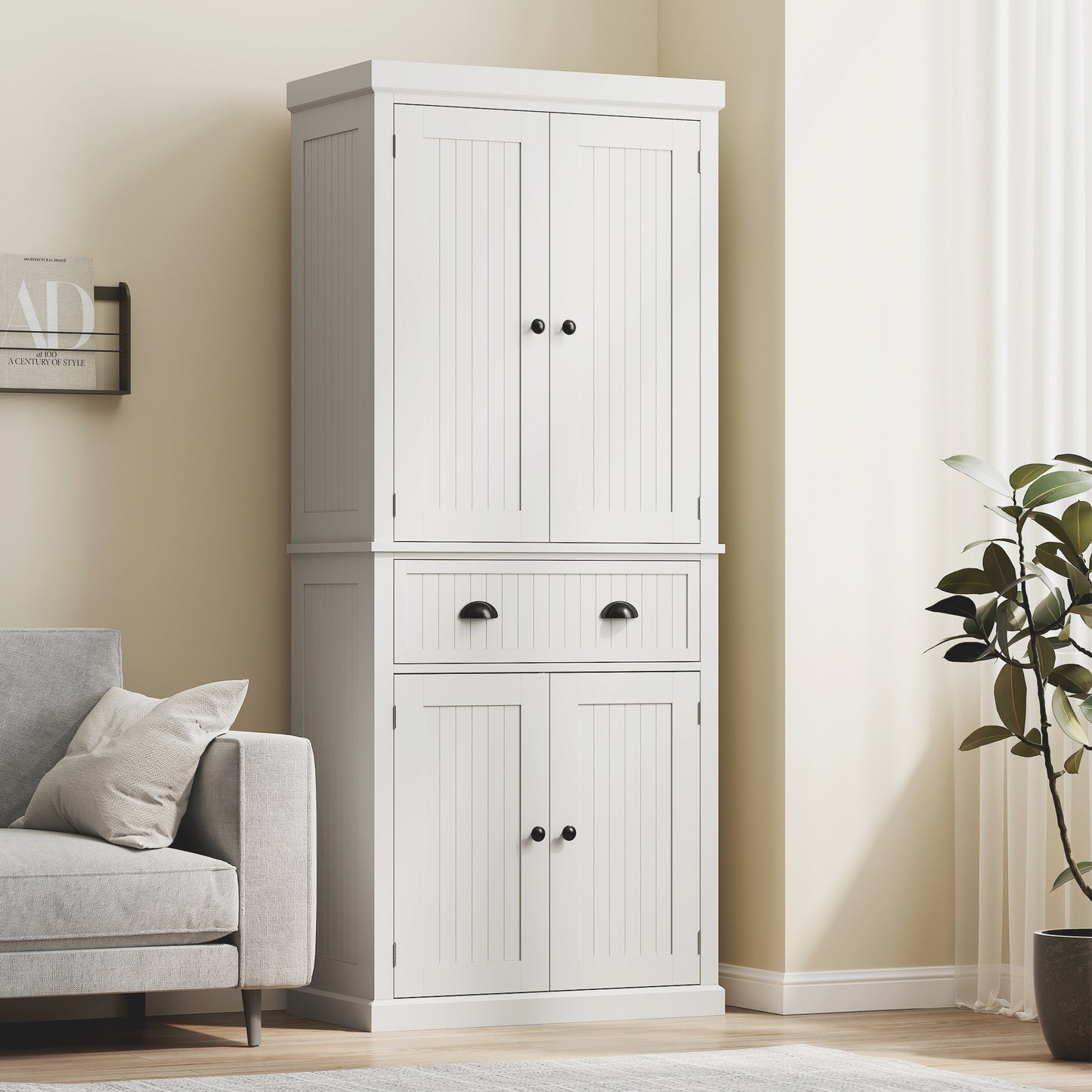 Freestanding Kitchen Storage Cabinet with Drawers and Shelves White