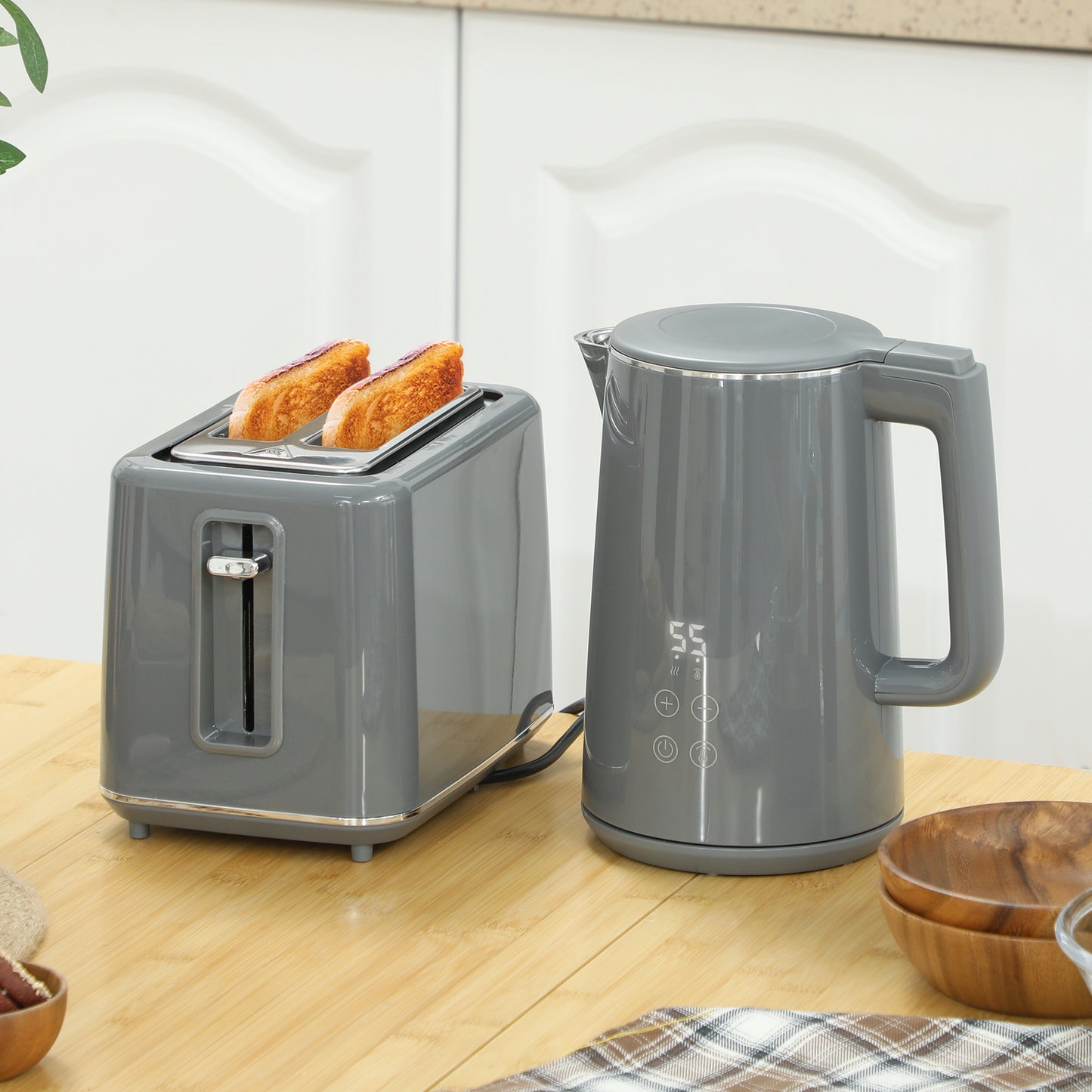 1.5L 3000W Fast Boil Electric Kettle and 2 Slice Toaster Set, Grey