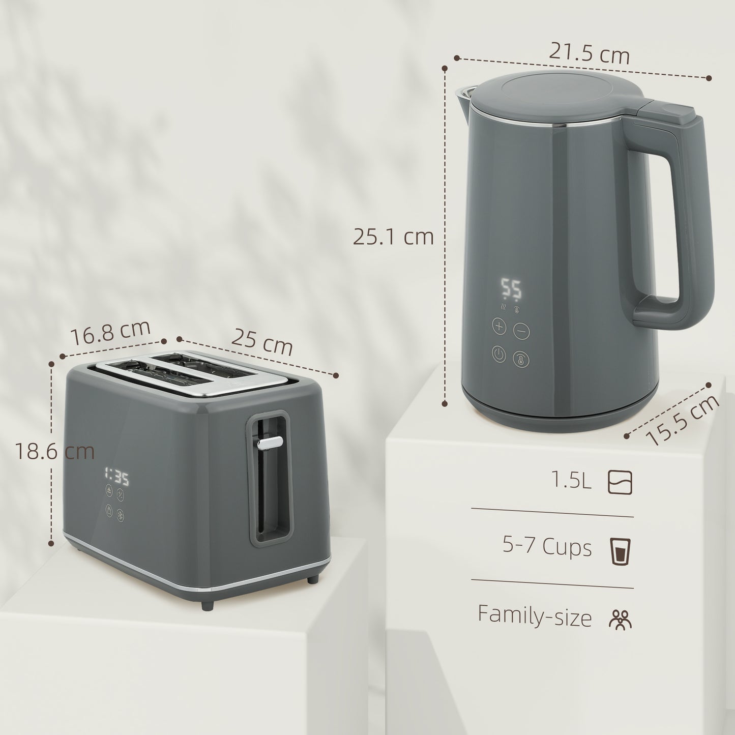 1.5L 3000W Fast Boil Electric Kettle and 2 Slice Toaster Set, Grey