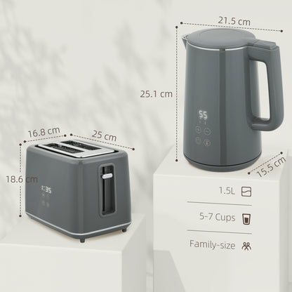 1.5L 3000W Fast Boil Electric Kettle and 2 Slice Toaster Set, Grey