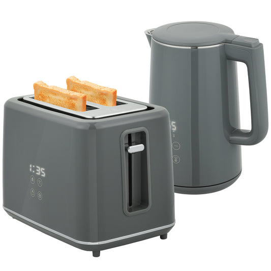 1.5L 3000W Fast Boil Electric Kettle and 2 Slice Toaster Set, Grey