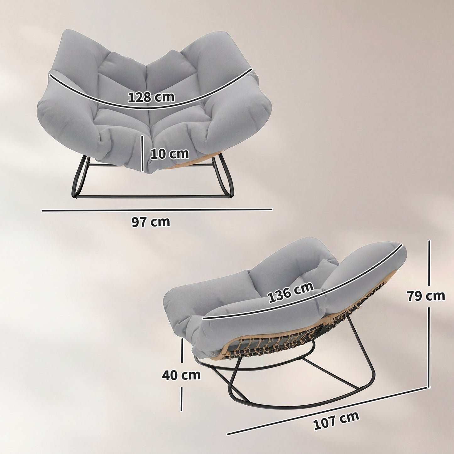 Indoor Outdoor Rocking Chair with Cushion, Light Grey