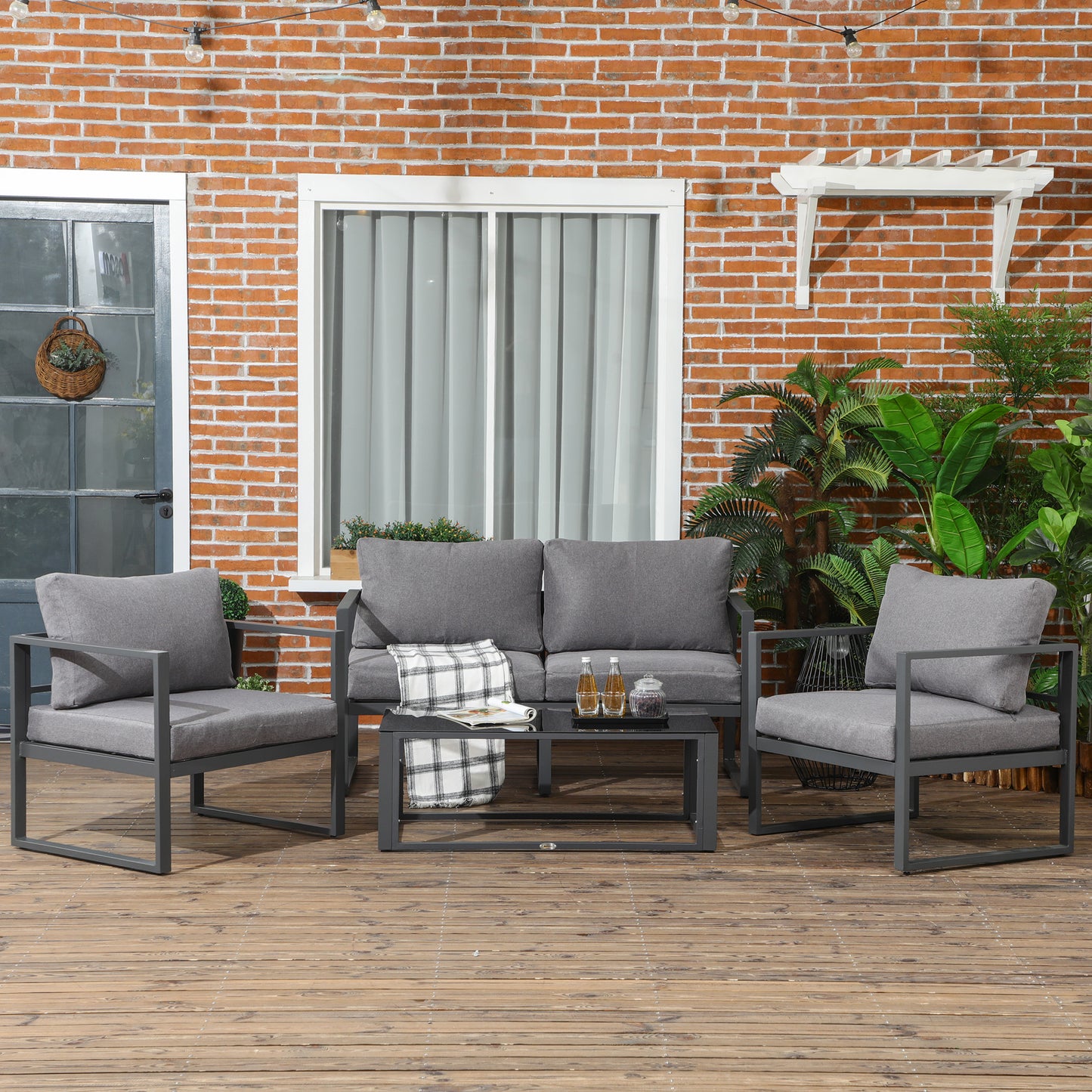 4 Pieces Garden Sectional Sofa Table Furniture Set Aluminium w/ Cushion