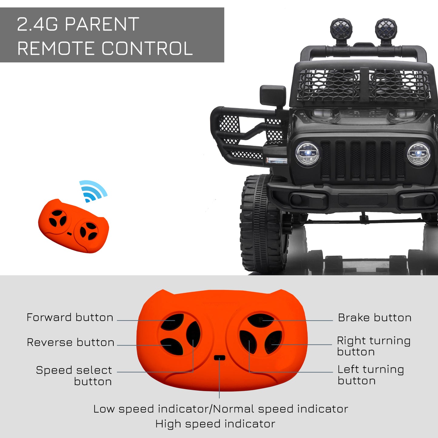 HOMCOM 12V Battery-powered 2 Motors Kids Electric Ride On Car Truck Off-road Toy with Parental Remote Control Horn Lights Suspension Wheels for 3-6 Years Old Black