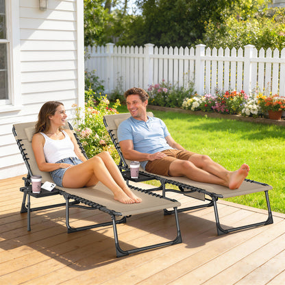 Folding Sun Loungers with 5-Level Back, Cup Holder, Beige