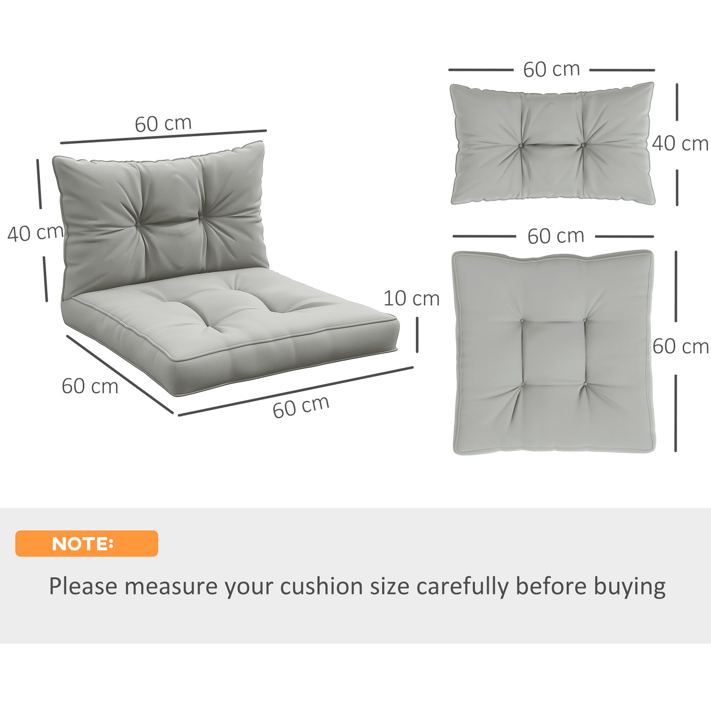 4pcs Outdoor Seat Cushions Back Cushions, 60 x 60 x 10cm Water Repellent Seat Pads for Garden Patio Kitchen Office Chairs, Light Grey