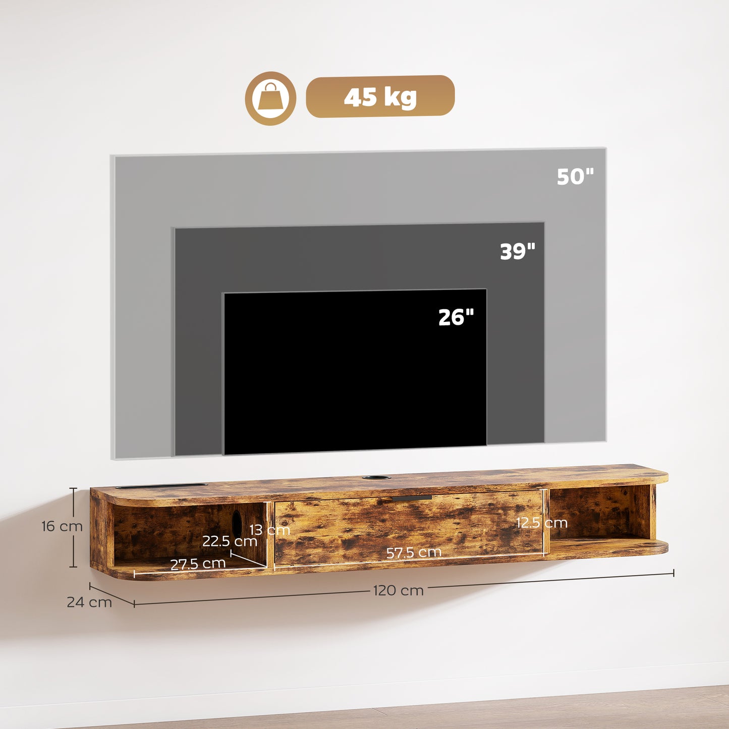120 cm Floating TV Unit with Flip Drawer and Shelves, Rustic Brown