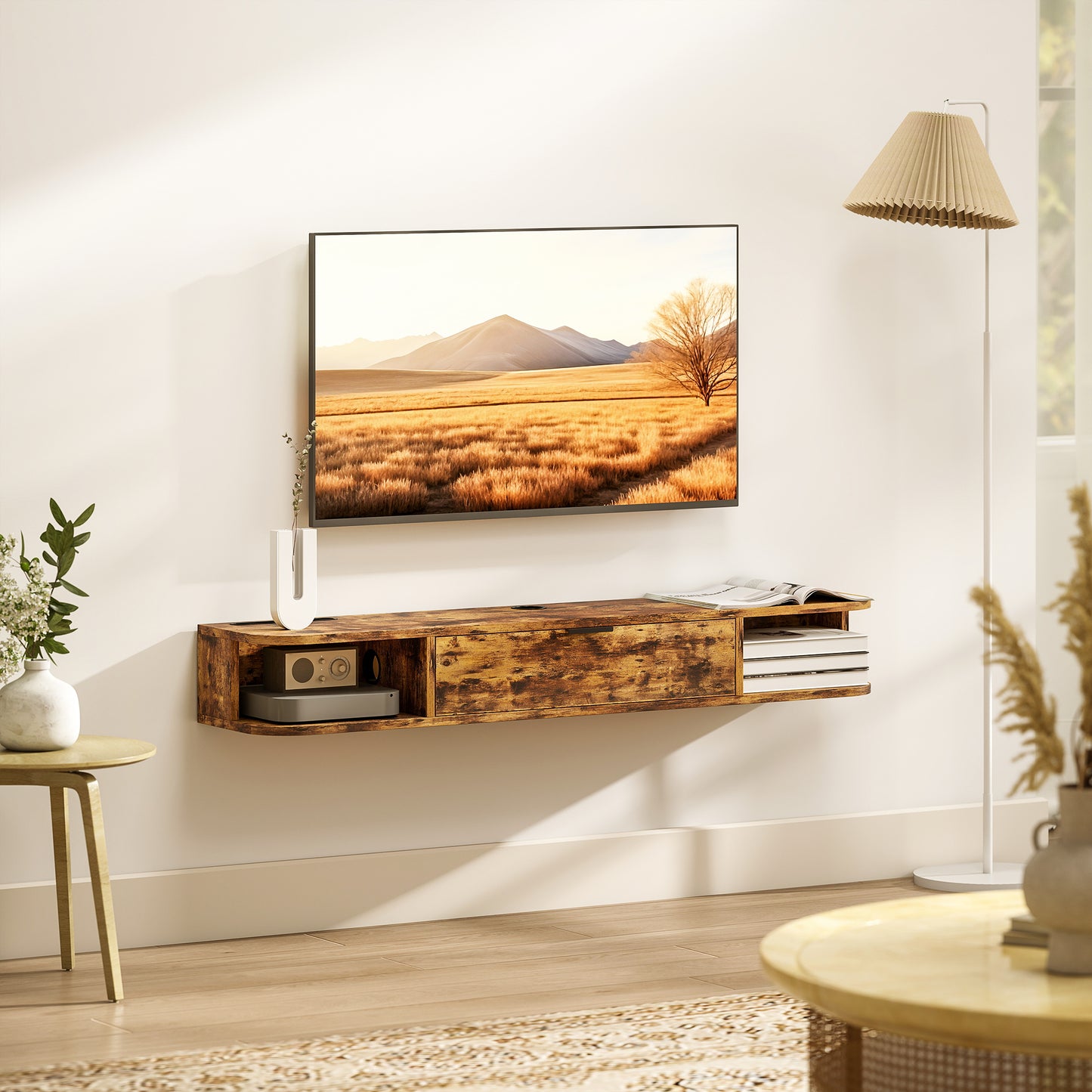 120 cm Floating TV Unit with Flip Drawer and Shelves, Rustic Brown